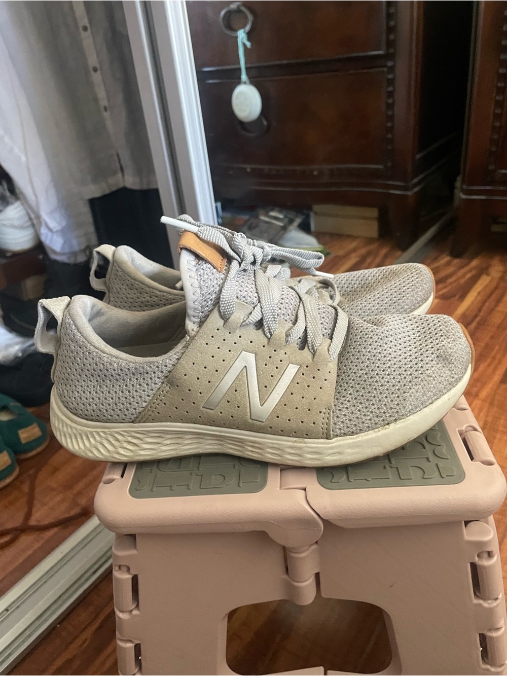 New Balance Gray Knit Lace-Up Sneakers with Beige Accent